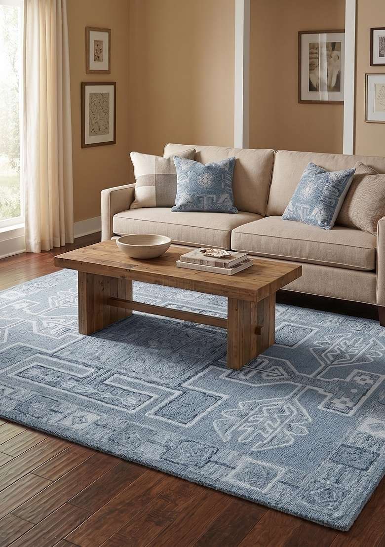 Saffron Rugs Hand-Tufted 100% Wool Area Rug | Steel Blue Rectangular Rug | Cotton Backing | Oriental Geometric Home Decor Carpet for Living Room - Indya