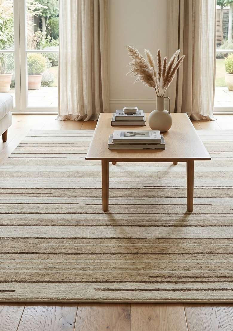 Saffron Rugs Hand-Tufted 100% Wool Area Rug | Cream Beige Rectangular Rug | Cotton Backing | Contemporary Striped Home Decor Carpet for Living Room - Indya