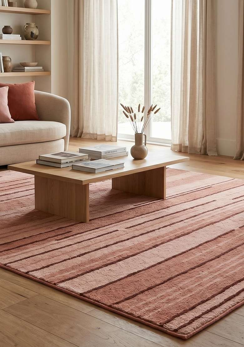 Saffron Rugs Hand-Tufted 100% Wool Area Rug | Dusty Terracotta Pink Rectangular Rug | Cotton Backing | Contemporary Striped Home Decor Carpet for Living Room - Indya