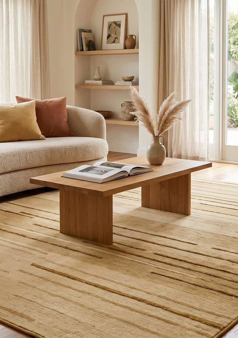Saffron Rugs Hand-Tufted 100% Wool Area Rug | Golden Beige Rectangular Rug | Cotton Backing | Contemporary Striped Home Decor Carpet for Living Room - Indya