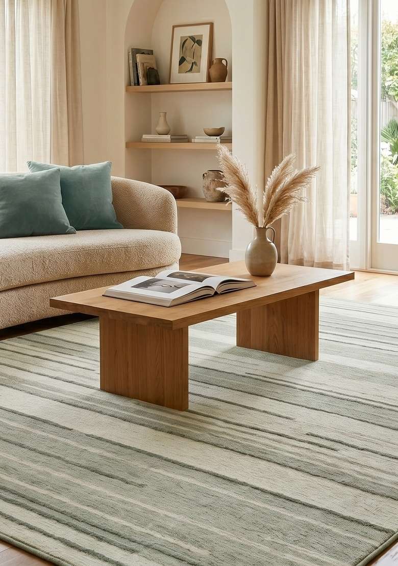 Saffron Rugs Hand-Tufted 100% Wool Area Rug | Sage Green Grey Rectangular Rug | Cotton Backing | Contemporary Striped Home Decor Carpet for Living Room - Indya