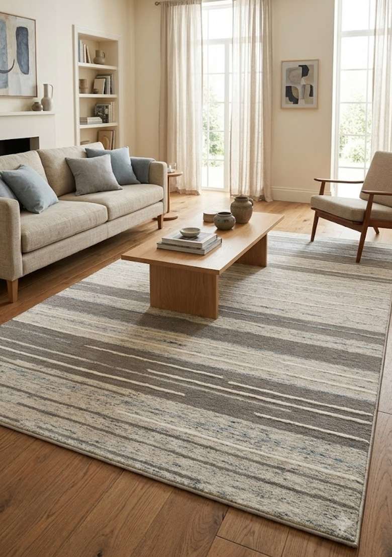 Saffron Rugs Hand-Tufted 100% Wool Area Rug | Grey Taupe Cream Rectangular Rug | Cotton Backing | Contemporary Striped Home Decor Carpet for Living Room - Indya