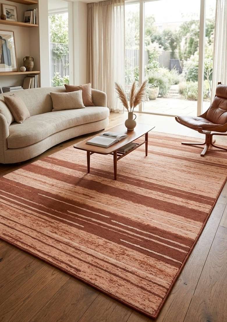 Saffron Rugs Hand-Tufted 100% Wool Area Rug | Terracotta Peach Rectangular Rug | Cotton Backing | Contemporary Striped Home Decor Carpet for Living Room - Indya