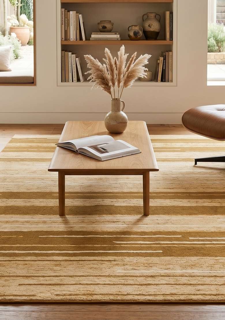 Saffron Rugs Hand-Tufted 100% Wool Area Rug | Golden Beige Rectangular Rug | Cotton Backing | Contemporary Striped Home Decor Carpet for Living Room - Indya