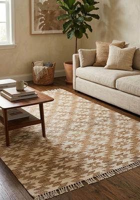 Saffron Rugs Flat Woven off-white Geometric Bohemian Rectangular Wool Area Rug