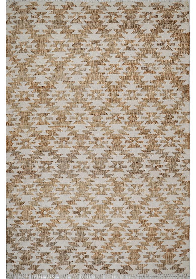Saffron Rugs Flat Woven off-white Geometric Bohemian Rectangular Wool Area Rug - Indya
