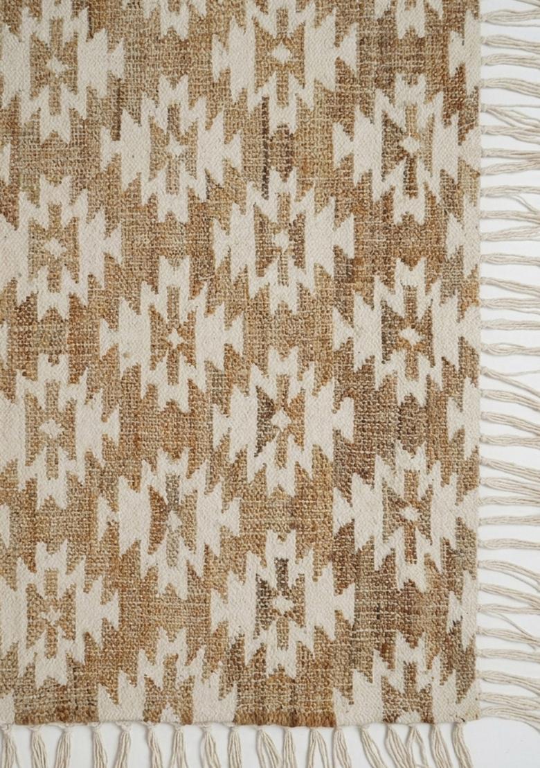 Saffron Rugs Flat Woven off-white Geometric Bohemian Rectangular Wool Area Rug - Indya