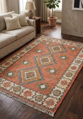 Saffron Rugs Flat Woven off-white Geometric Oriental Rectangular Wool Area Rug