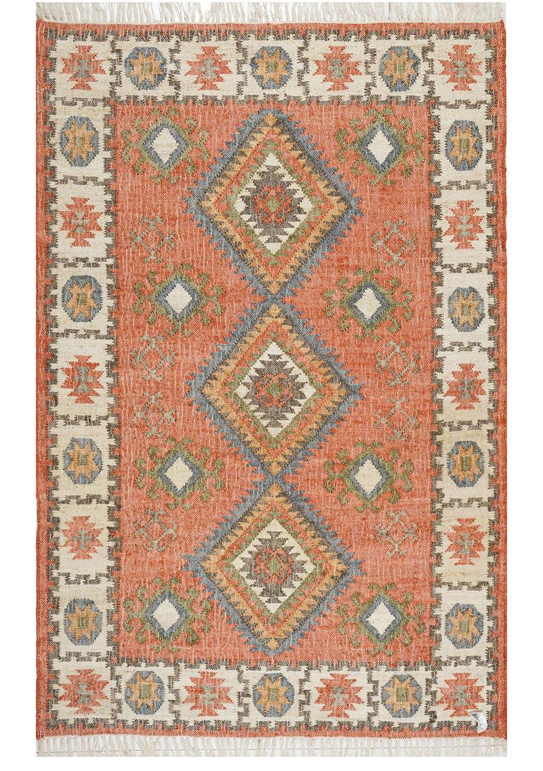 Saffron Rugs Flat Woven off-white Geometric Oriental Rectangular Wool Area Rug - Indya