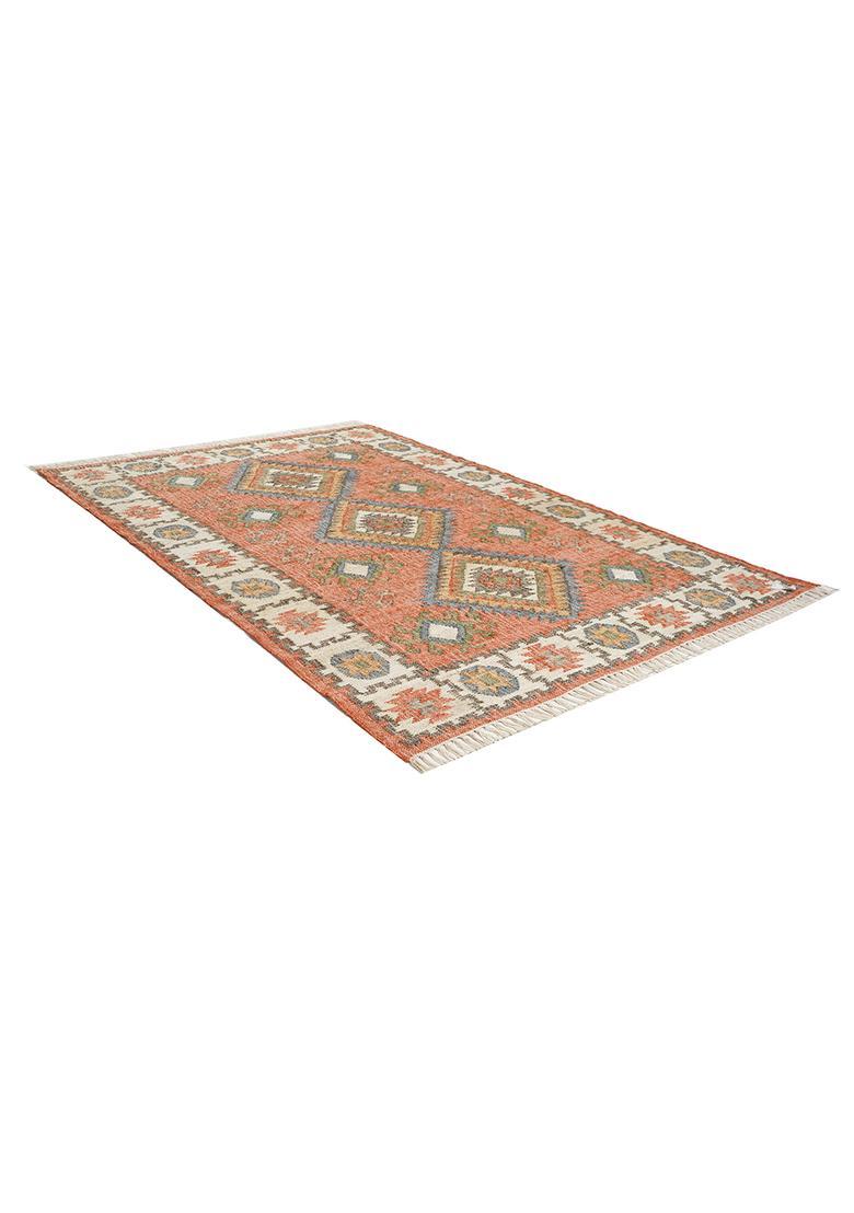 Saffron Rugs Flat Woven off-white Geometric Oriental Rectangular Wool Area Rug - Indya