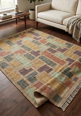 Saffron Rugs Flat Woven Tan Geometric Contemporary Rectangular Wool Area Rug
