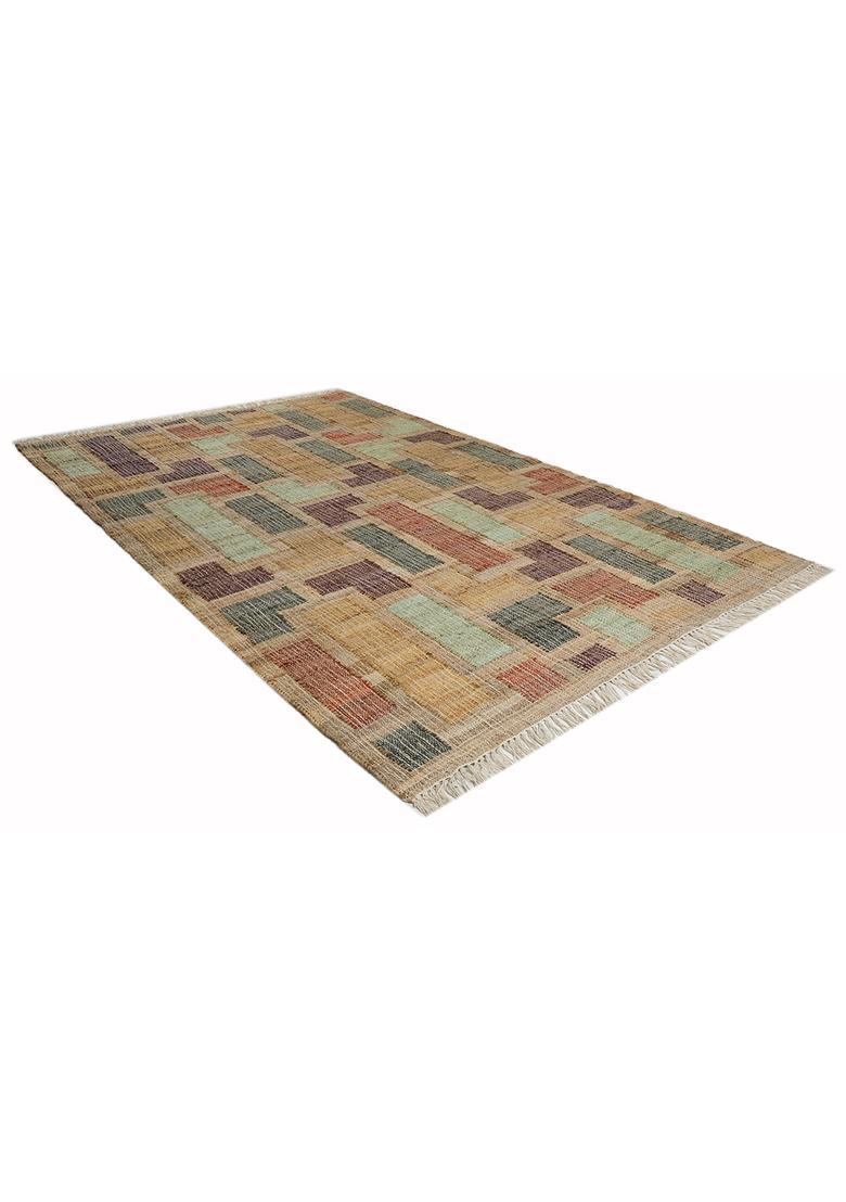 Saffron Rugs Flat Woven Tan Geometric Contemporary Rectangular Wool Area Rug - Indya