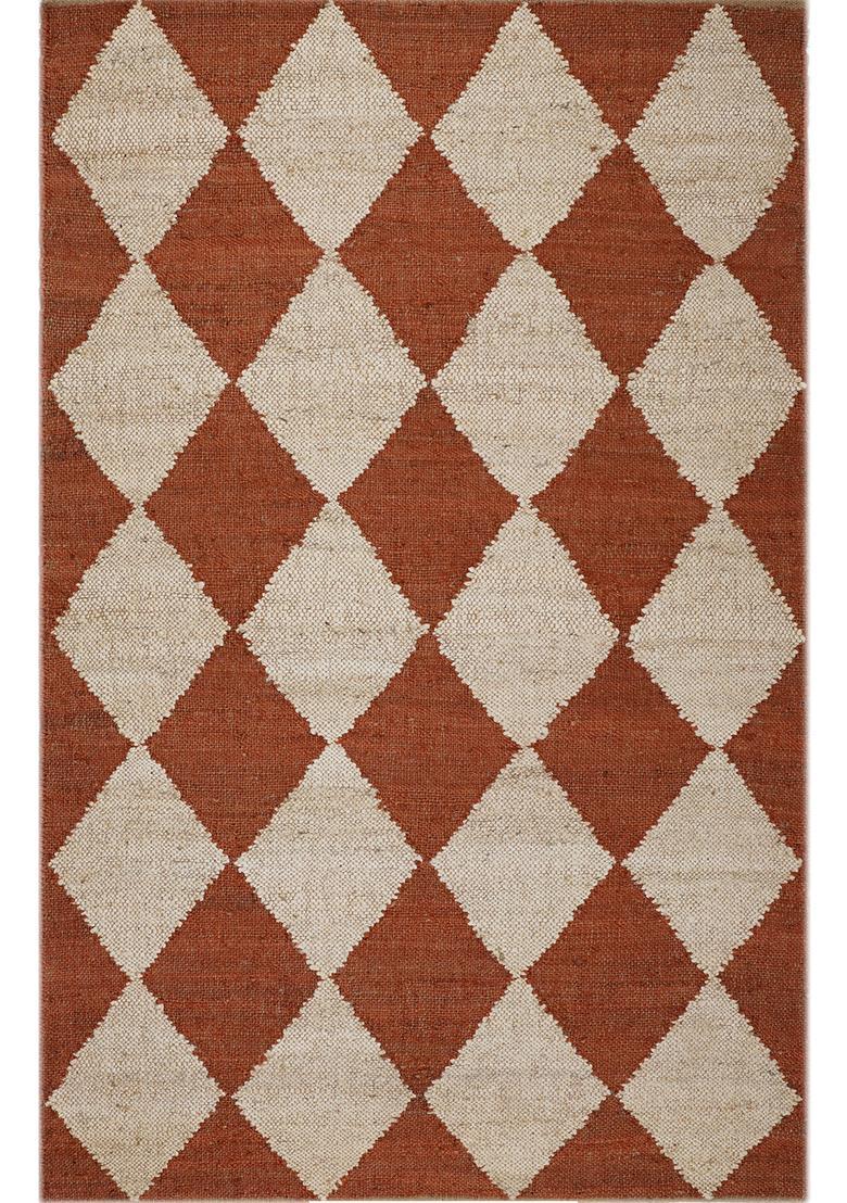 Saffron Rugs Flat Woven Rust Argyle Bohemian Rectangular Wool Area Rug - Indya