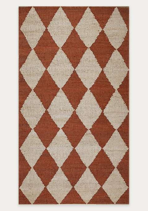 Jute Wool Handmade Rust Rug | Bohemian Argyle Carpet For Living Room