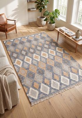 Saffron Rugs Flat Woven Blue Trellis Bohemian Rectangular Wool Area Rug