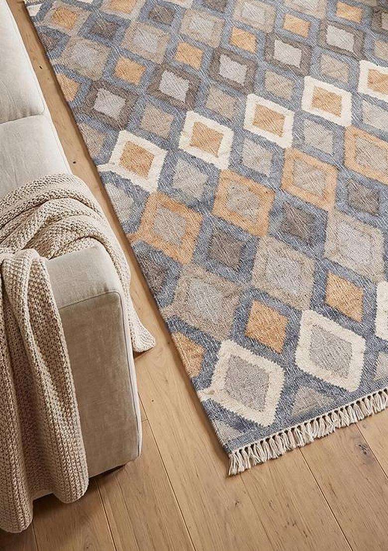 100% Jute Handmade Blue Rug | Bohemian Trellis Carpet For Living Room - Indya