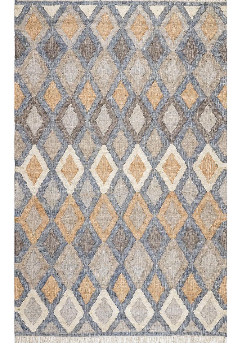 Saffron Rugs Flat Woven Blue Trellis Bohemian Rectangular Wool Area Rug - Indya