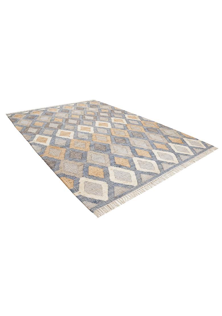 Saffron Rugs Flat Woven Blue Trellis Bohemian Rectangular Wool Area Rug - Indya