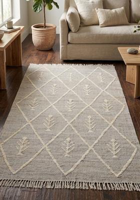 Saffron Rugs Flat Woven LIGHT GREY Trellis Moroccan Rectangular Wool Area Rug