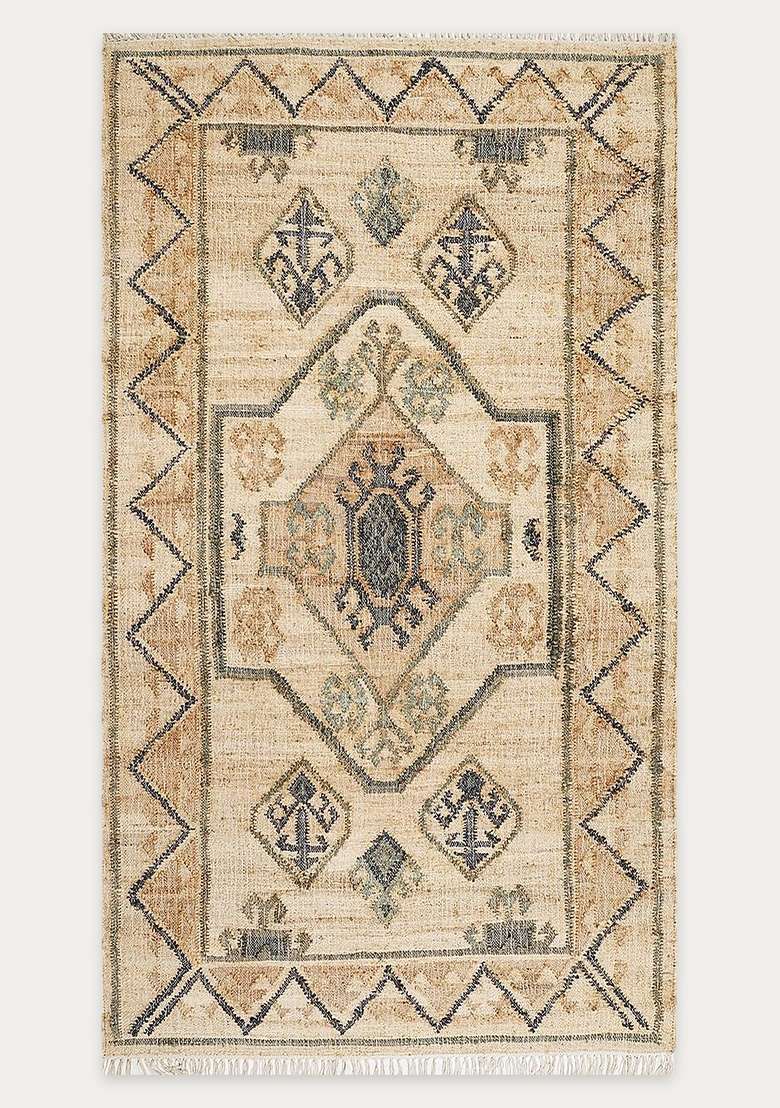 Jute Wool Handmade Beige Rug | Oriental Paisley Carpet For Living Room - Indya