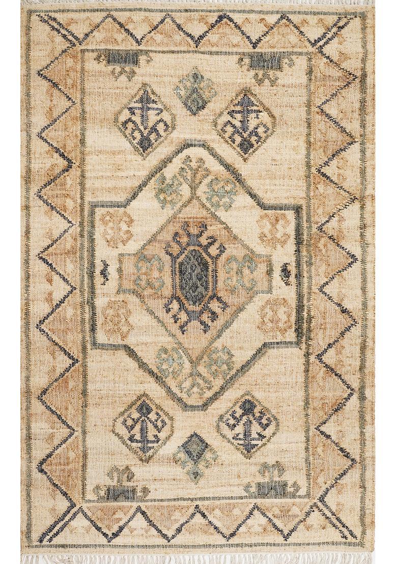 Saffron Rugs Flat Woven BEIGE Paisley Oriental Rectangular Wool Area Rug - Indya