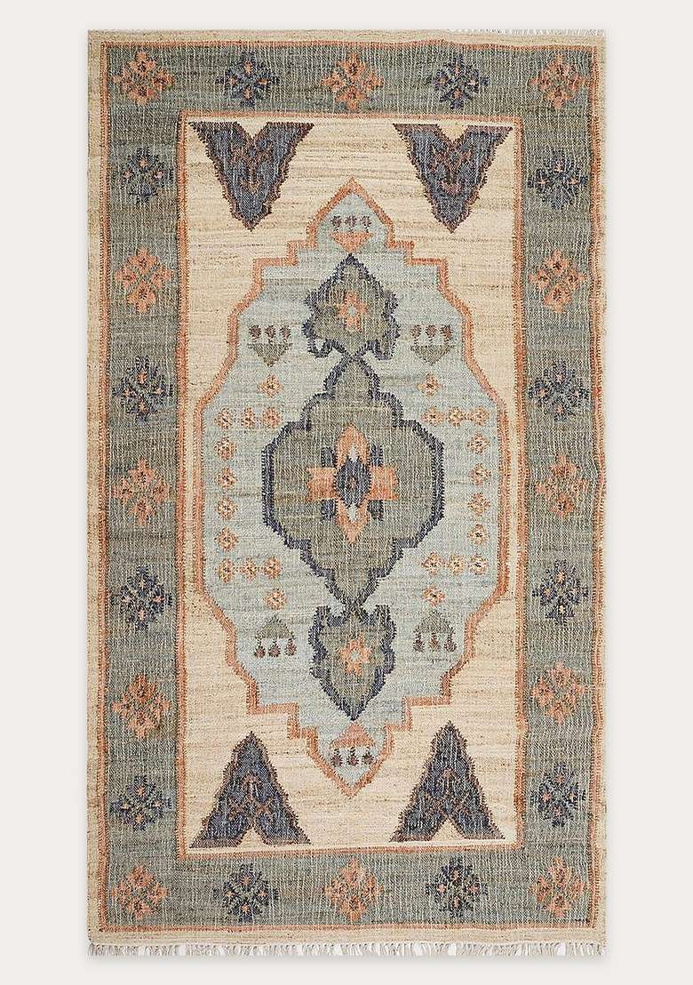 Jute Wool Handmade Beige Rug | Oriental Paisley Carpet For Living Room - Indya