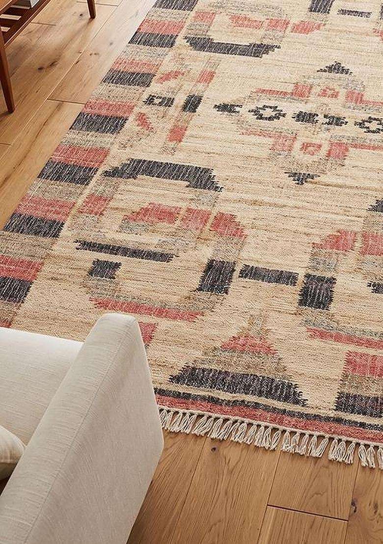 Saffron Rugs Flat Woven Natural Jute & Wool Area Rug | Tan Natural Rectangular Rug | Vintage Geometric Home Decor Carpet for Living Room Bedroom - Indya