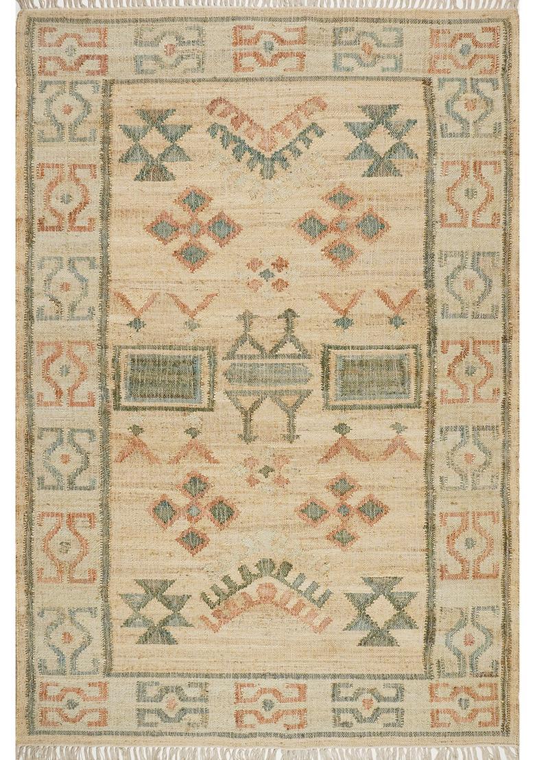 Saffron Rugs Flat Woven Tan Geometric Oriental Rectangular Wool Area Rug - Indya