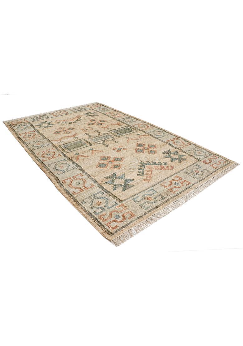 Saffron Rugs Flat Woven Tan Geometric Oriental Rectangular Wool Area Rug - Indya