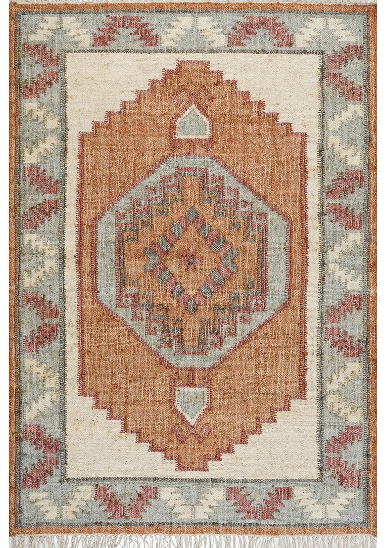 Saffron Rugs Flat Woven Rust Geometric Bohemian Rectangular Wool Area Rug - Indya