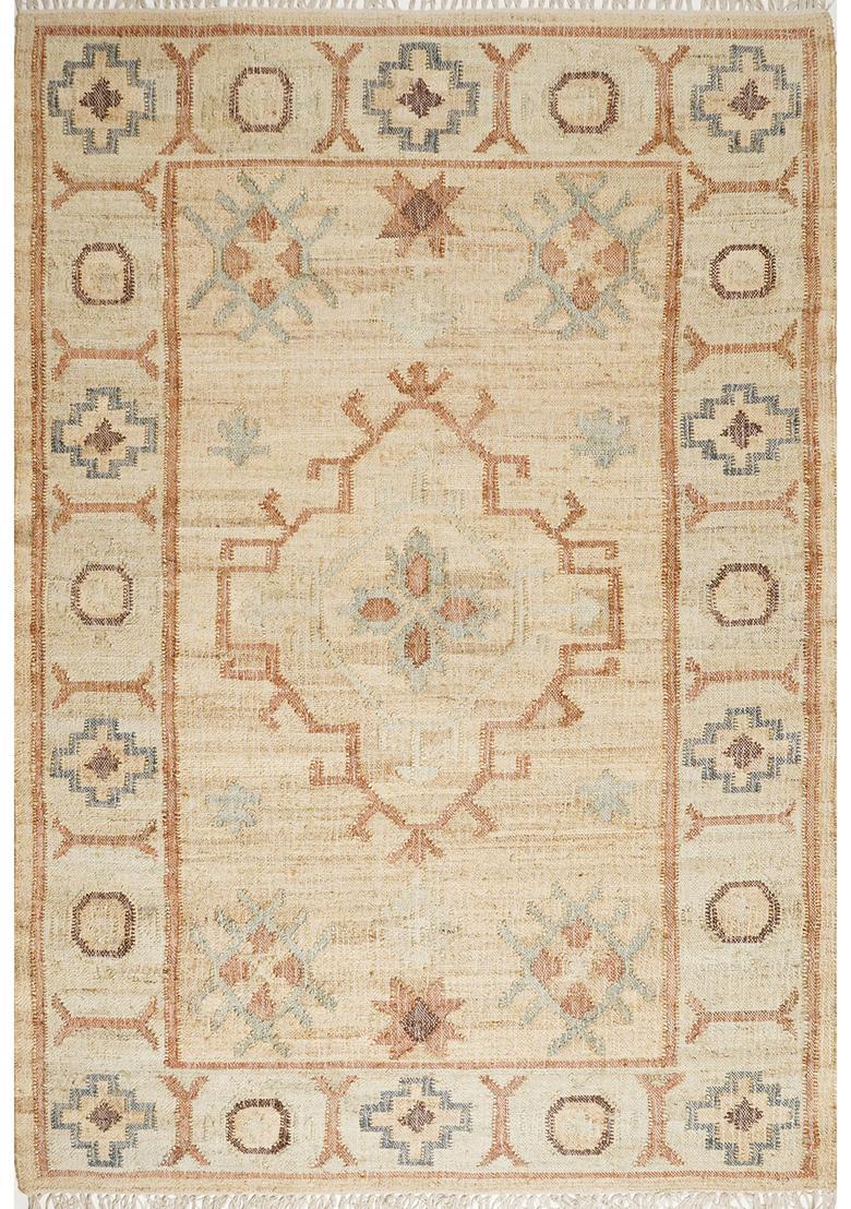 Saffron Rugs Flat Woven Ivory Geometric Oriental Rectangular Wool Area Rug - Indya