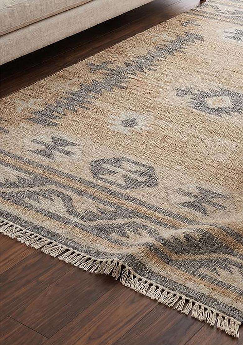 Jute Wool Handmade Tan Rug | Moroccan Geometric Carpet For Living Room - Indya