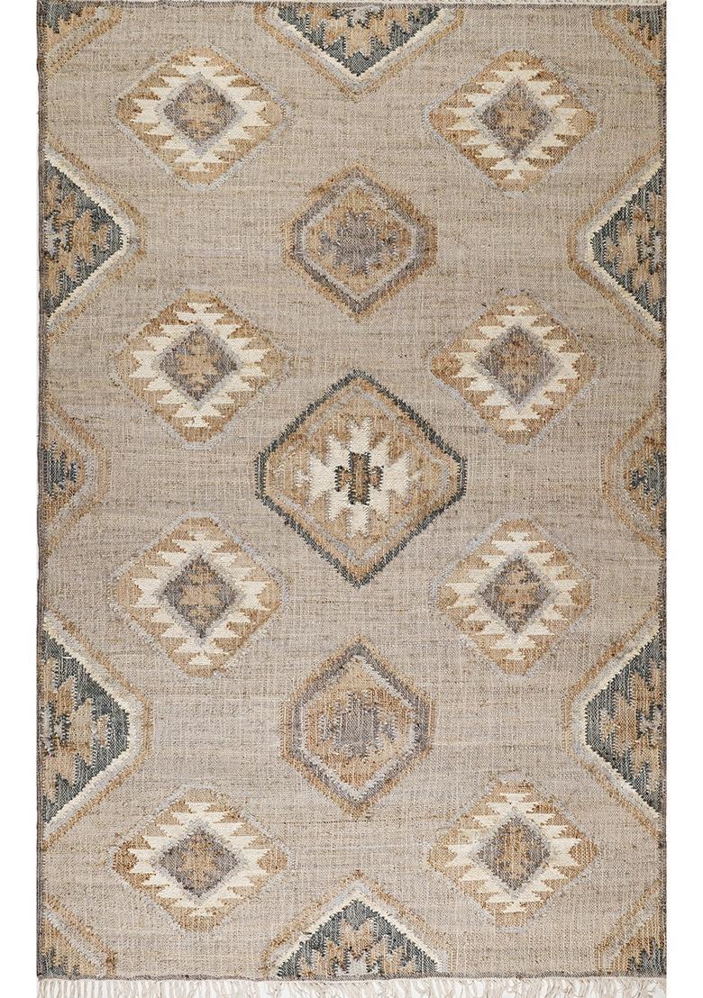 Saffron Rugs Flat Woven Beige Geometric Moroccan Rectangular Wool Area Rug - Indya