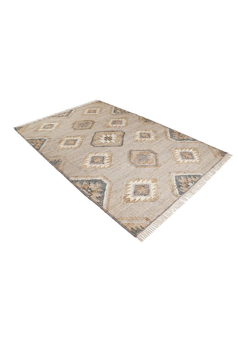 Saffron Rugs Flat Woven Beige Geometric Moroccan Rectangular Wool Area Rug - Indya