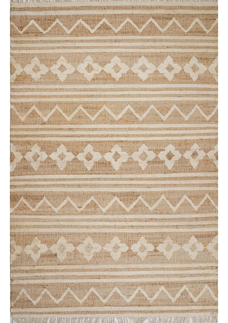 Saffron Rugs Flat Woven Tan Chevron Bohemian Rectangular Wool Area Rug - Indya