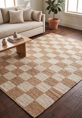 Saffron Rugs Flat Woven Tan Checkered Minimalist Rectangular Wool Area Rug