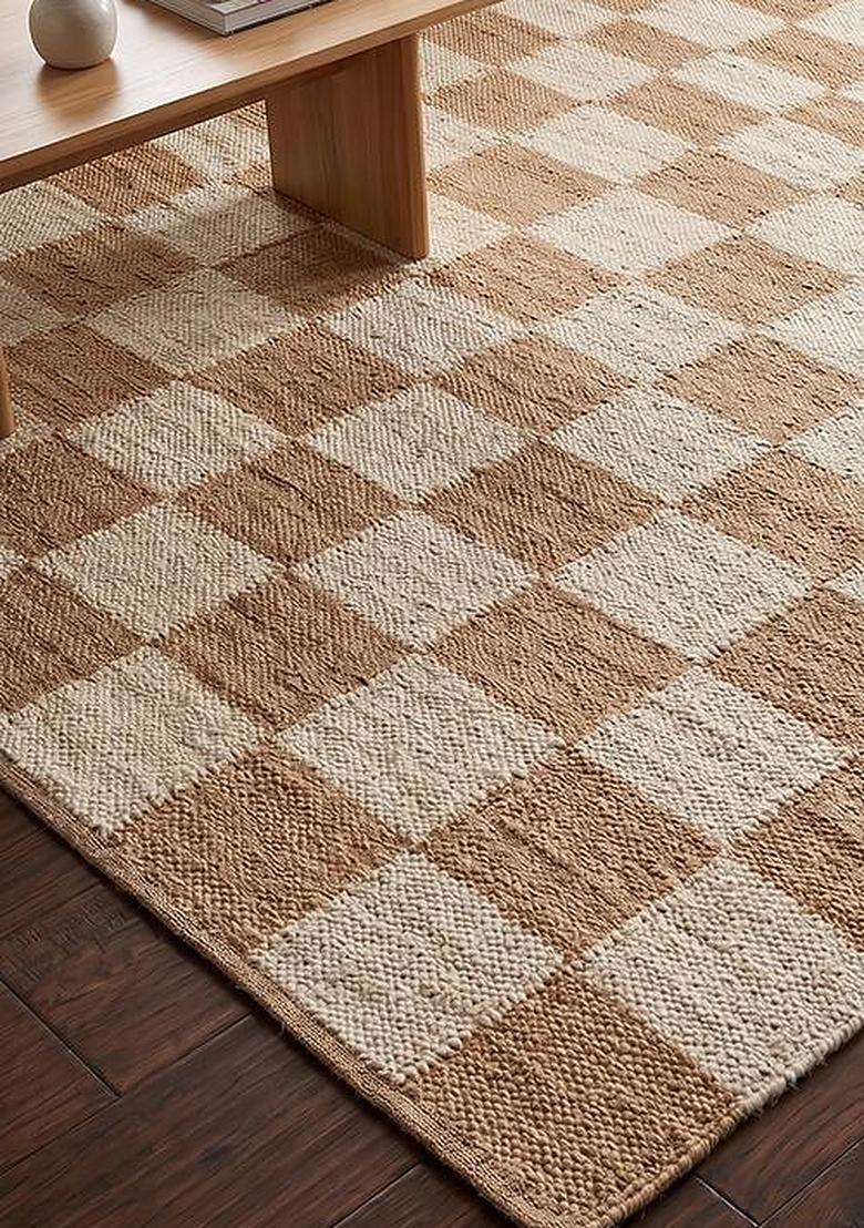 100% Jute Handmade Tan Rug | Minimalist Checkered Carpet For Living Room - Indya