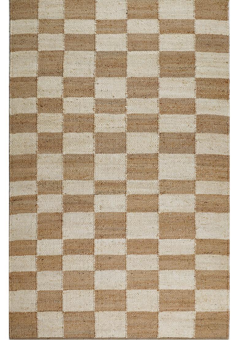 Saffron Rugs Flat Woven Tan Checkered Minimalist Rectangular Wool Area Rug - Indya