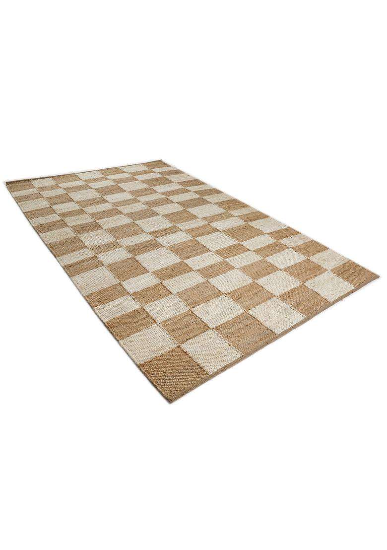 100% Jute Handmade Tan Rug | Minimalist Checkered Carpet For Living Room - Indya