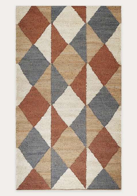 Jute Wool Handmade Beige Rug | Scandinavian Argyle Carpet For Living Room