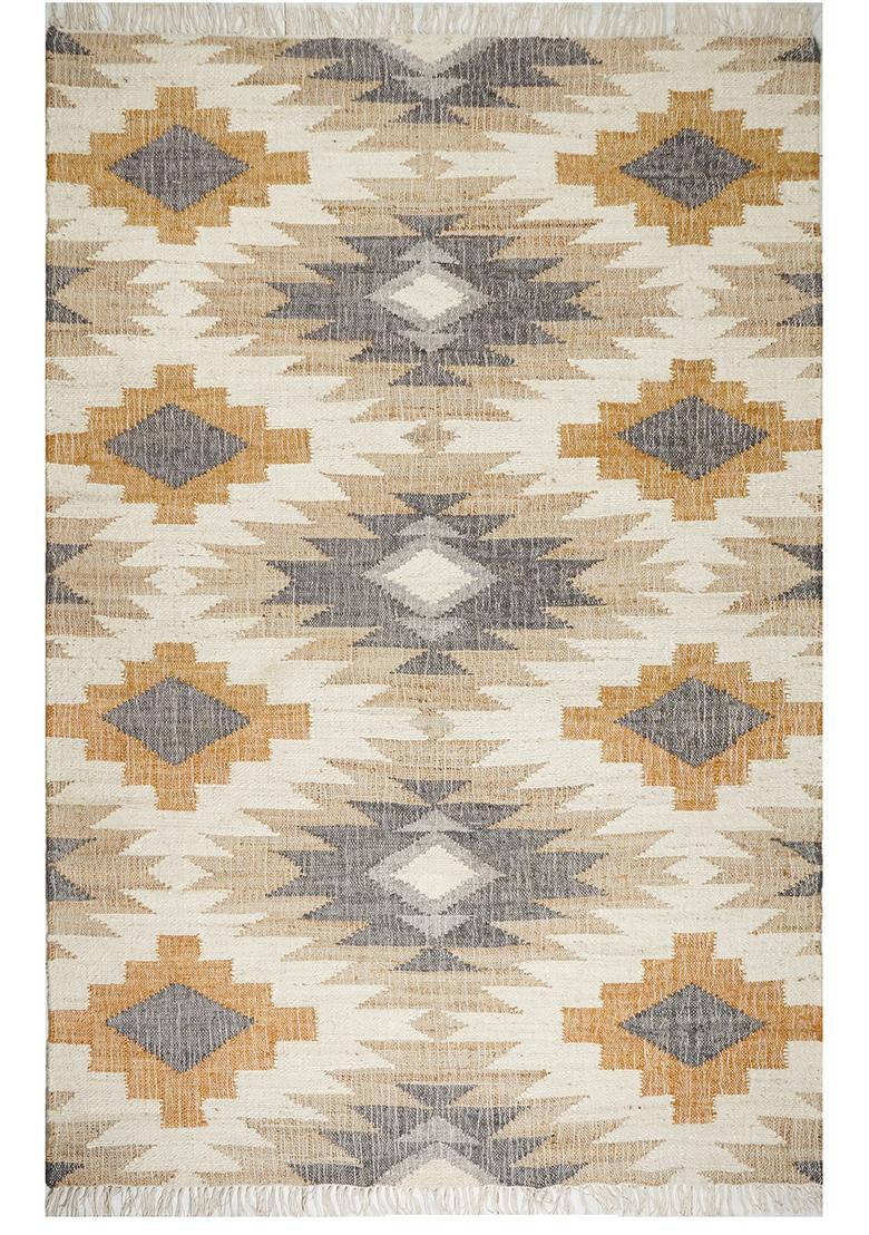Saffron Rugs Flat Woven Tan Geometric Bohemian Rectangular Wool Area Rug - Indya