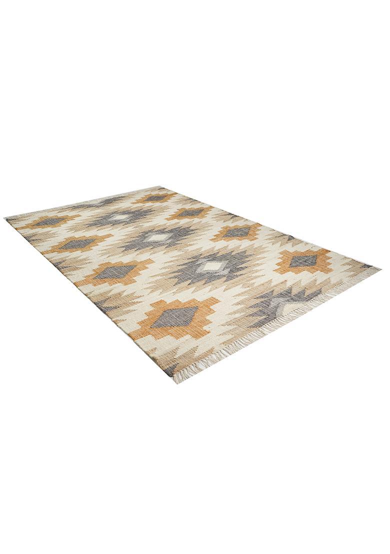 Saffron Rugs Flat Woven Tan Geometric Bohemian Rectangular Wool Area Rug - Indya
