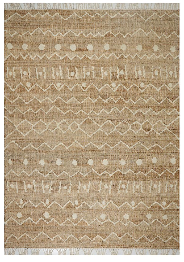 Saffron Rugs Flat Woven Tan Geometric Boho Rectangular Wool Area Rug - Indya