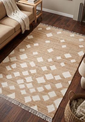 Saffron Rugs Flat Woven Tan Geometric Boho Rectangular Wool Area Rug