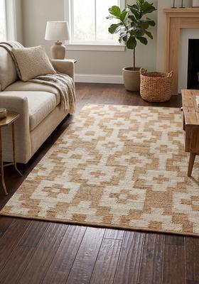 Saffron Rugs Flat Woven Tan Checkered Contemporary Rectangular Wool Area Rug