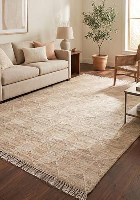 Saffron Rugs Flat Woven Beige Trellis Minimalist Rectangular Wool Area Rug