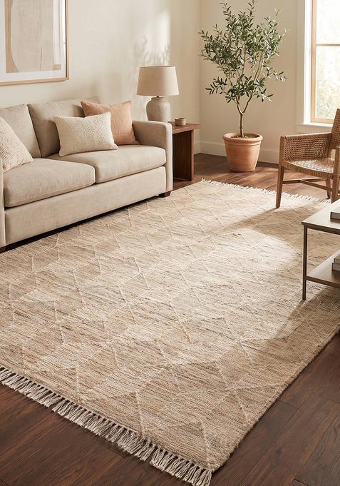 Saffron Rugs Flat Woven Beige Trellis Minimalist Rectangular Wool Area Rug