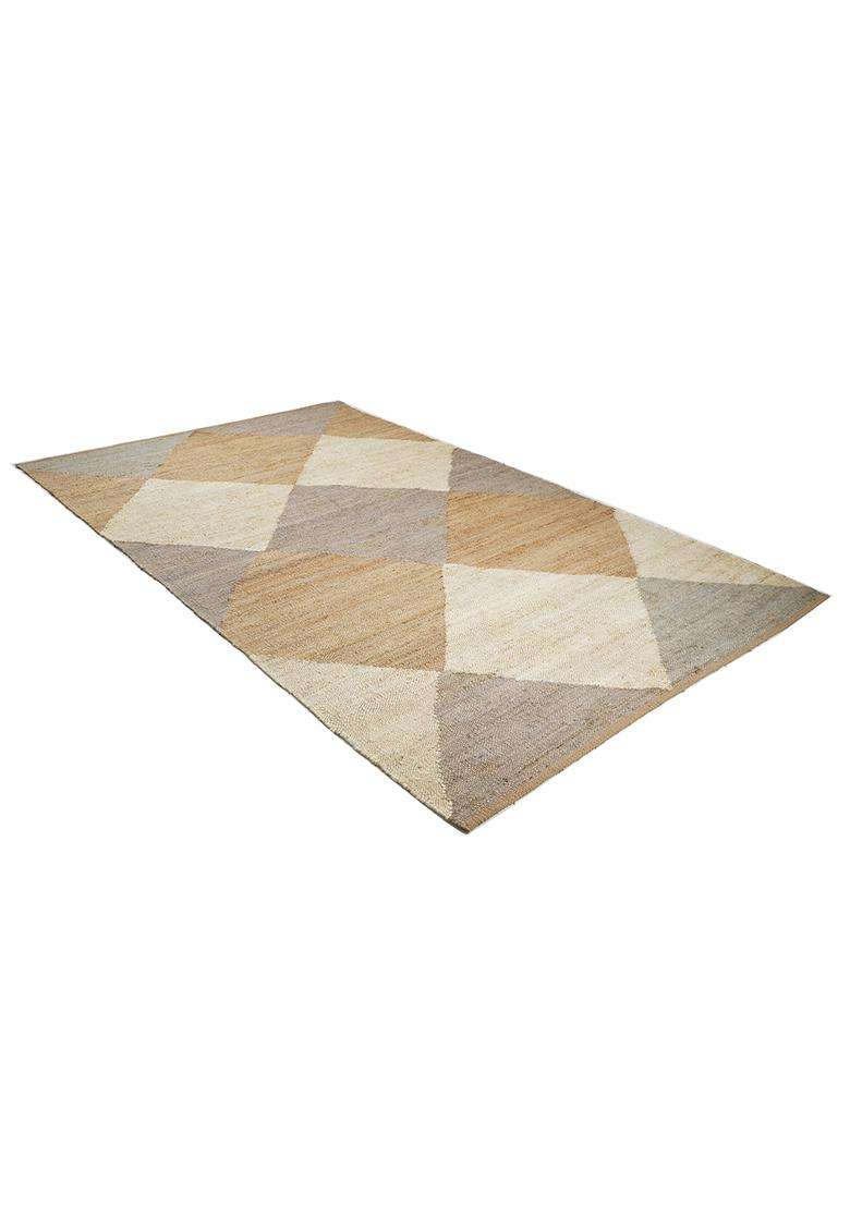 Saffron Rugs Flat Woven Natural Jute & Wool Area Rug | Tan Natural Rectangular Rug | Contemporary Argyle Home Decor Carpet for Living Room Bedroom - Indya