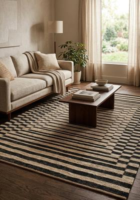 Saffron Rugs Flat Woven Black Striped Modern Rectangular Wool Area Rug
