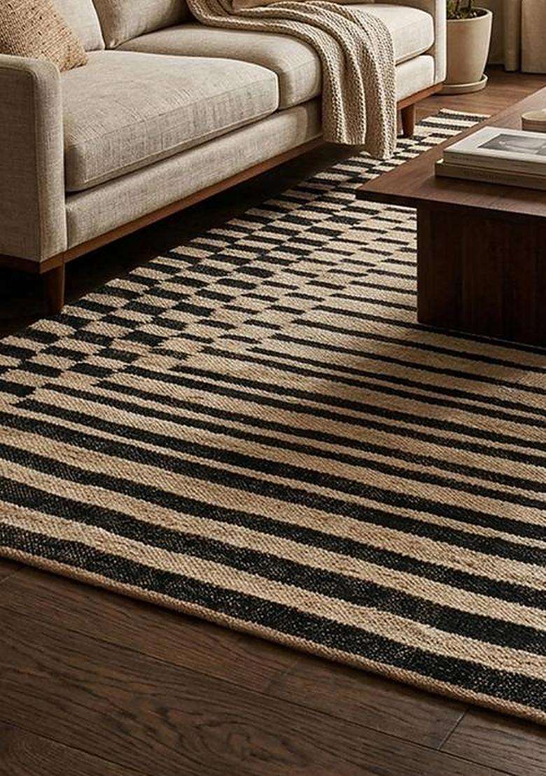 Saffron Rugs Natural Modern Striped Flat Weave Jute and Wool Rectangular Rug - Indya